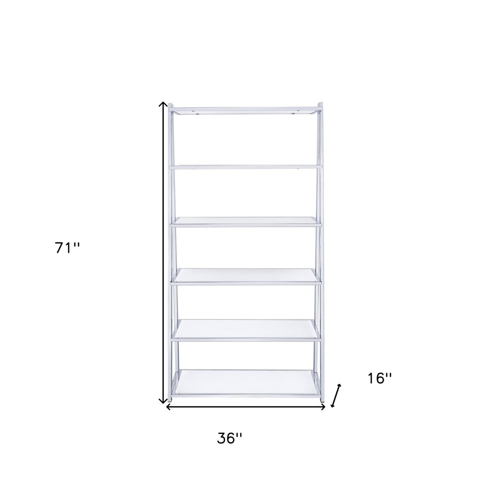 White And Silver Metal and Glass Five Tier Ladder Bookcase  Warm Home View