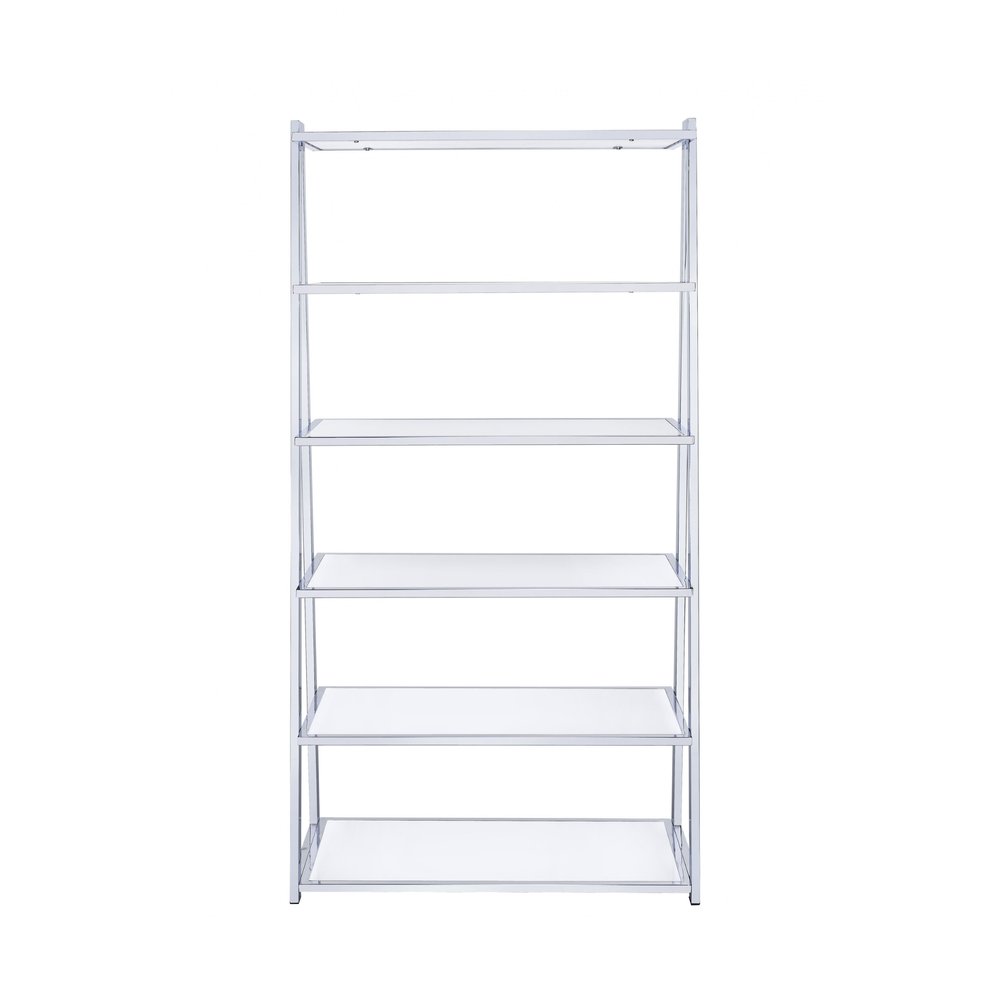 White And Silver Metal and Glass Five Tier Ladder Bookcase  Warm Home View