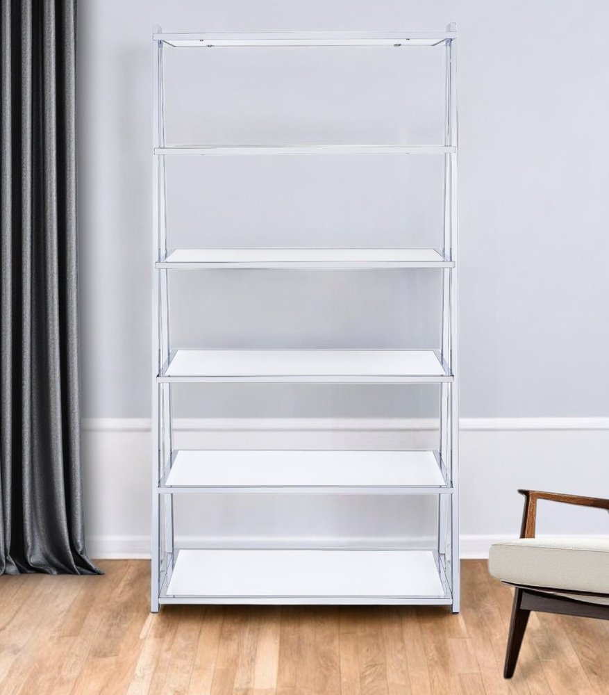 White And Silver Metal and Glass Five Tier Ladder Bookcase  Warm Home View