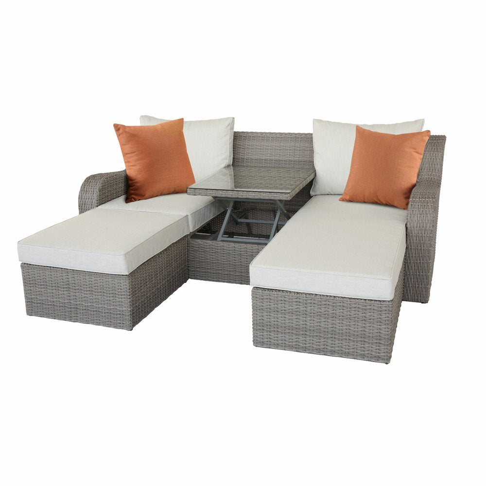 3-Piece Outdoor Gray Wicker Sectional Seating Group - Sofa and Ottomans with Beige Cushions and Glass-Top Coffee Table  Warm Home View