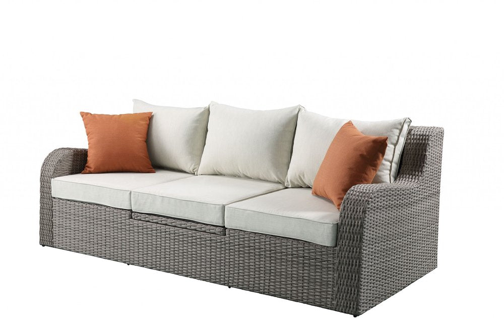 3-Piece Outdoor Gray Wicker Sectional Seating Group - Sofa and Ottomans with Beige Cushions and Glass-Top Coffee Table  Warm Home View