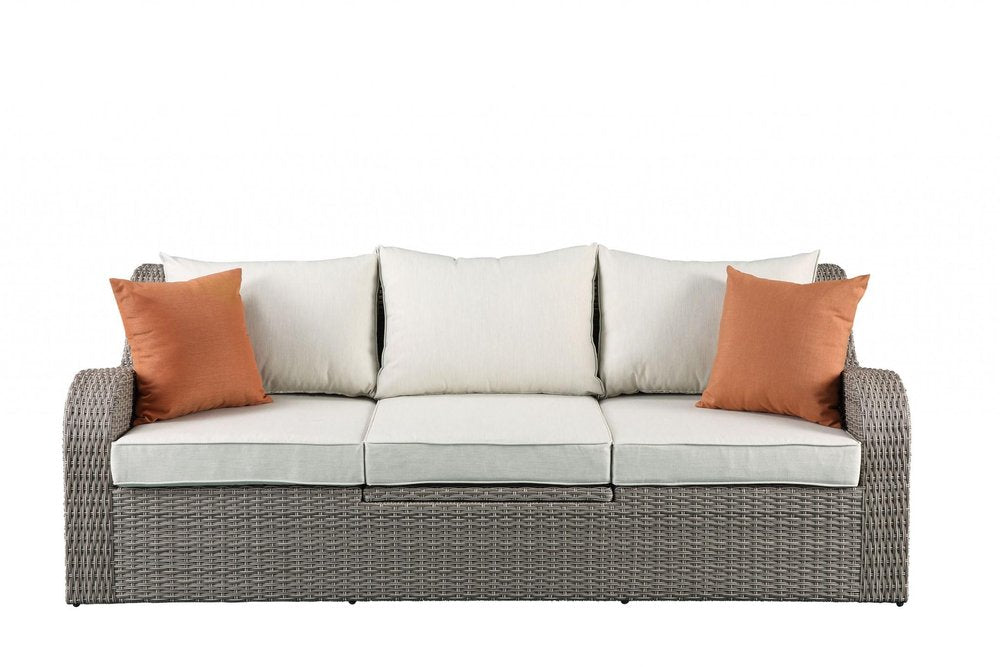 Three Piece Outdoor Gray Wicker Sectional Seating Group with Beige Cushions  Warm Home View