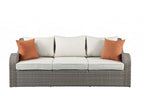 Three Piece Outdoor Gray Wicker Sectional Seating Group with Beige Cushions  Warm Home View