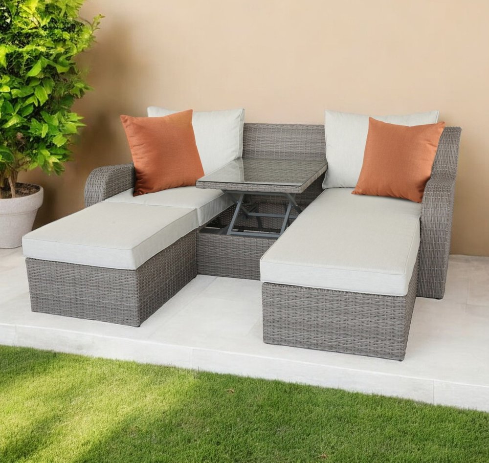 3-Piece Outdoor Gray Wicker Sectional Seating Group - Sofa and Ottomans with Beige Cushions and Glass-Top Coffee Table  Warm Home View
