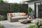 Three Piece Outdoor Gray Wicker Sectional Seating Group with Beige Cushions  Warm Home View