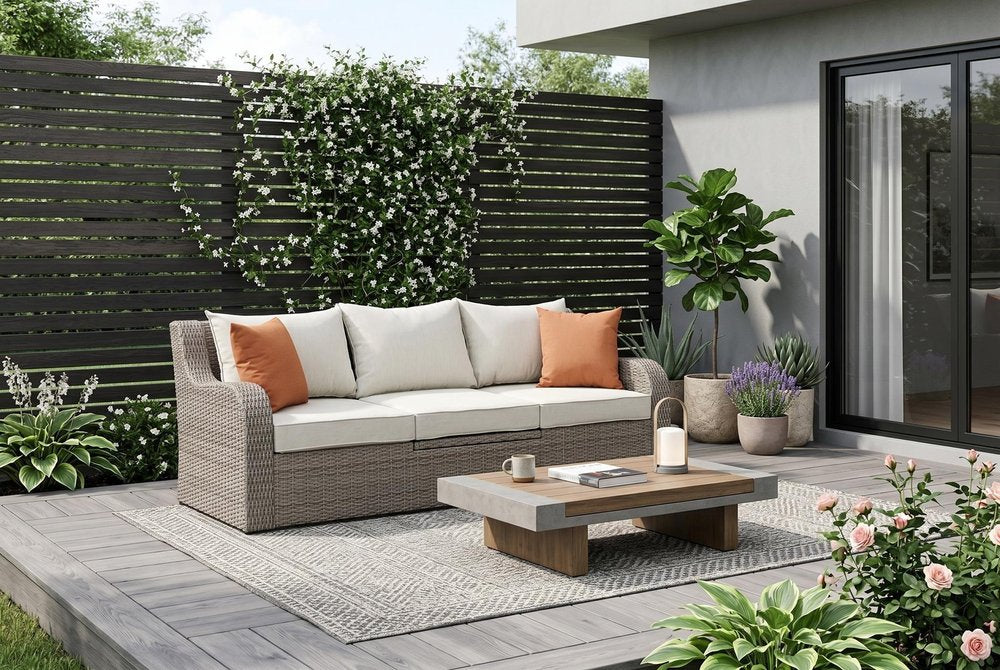 Three Piece Outdoor Gray Wicker Sectional Seating Group with Beige Cushions  Warm Home View