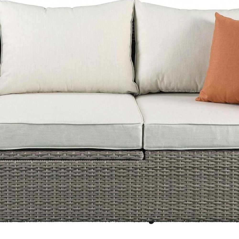 Three Piece Outdoor Gray Wicker Sectional Seating Group with Beige Cushions  Warm Home View