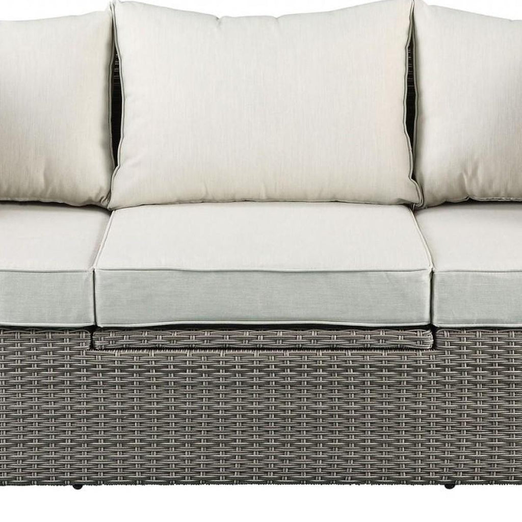 Three Piece Outdoor Gray Wicker Sectional Seating Group with Beige Cushions  Warm Home View