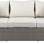 Three Piece Outdoor Gray Wicker Sectional Seating Group with Beige Cushions  Warm Home View