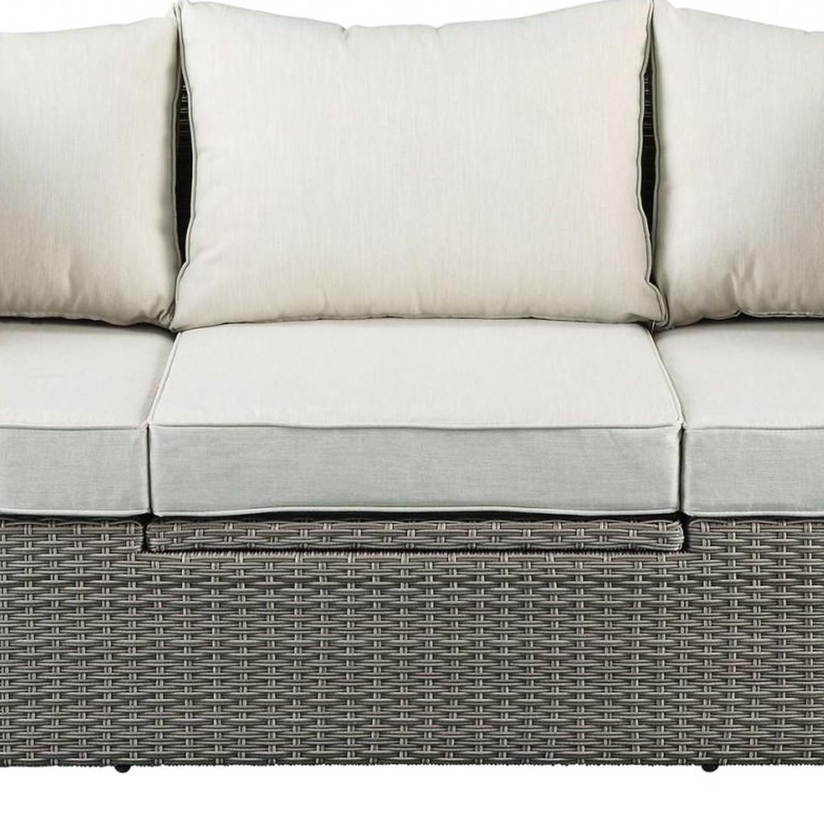 Three Piece Outdoor Gray Wicker Sectional Seating Group with Beige Cushions  Warm Home View