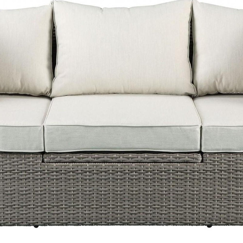Three Piece Outdoor Gray Wicker Sectional Seating Group with Beige Cushions  Warm Home View