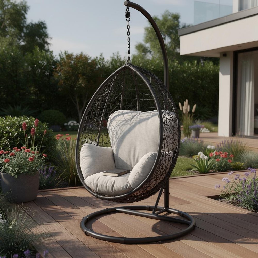 38" Black Metal Swing Chair With Beige Cushion  Warm Home View