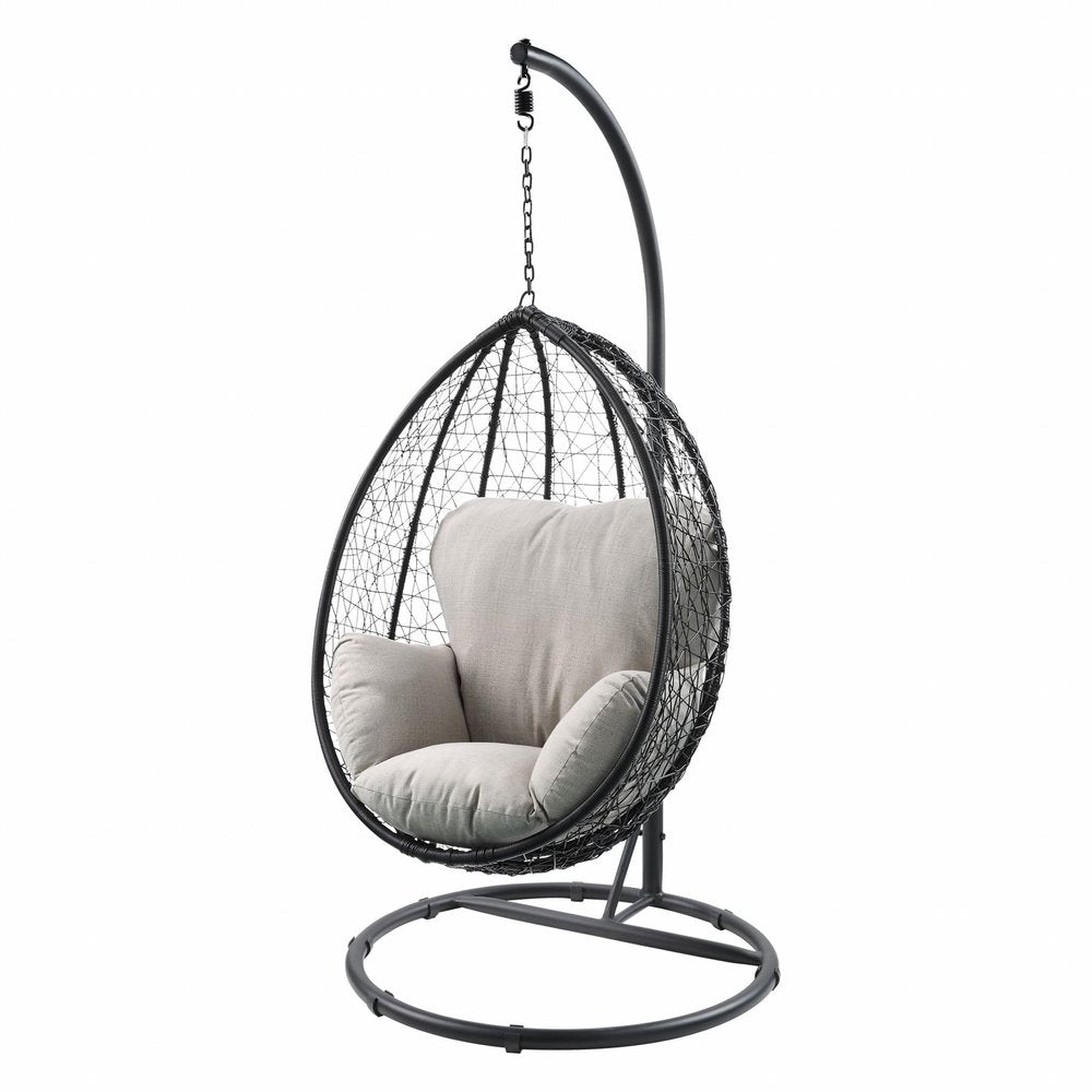 38" Black Metal Swing Chair With Beige Cushion  Warm Home View