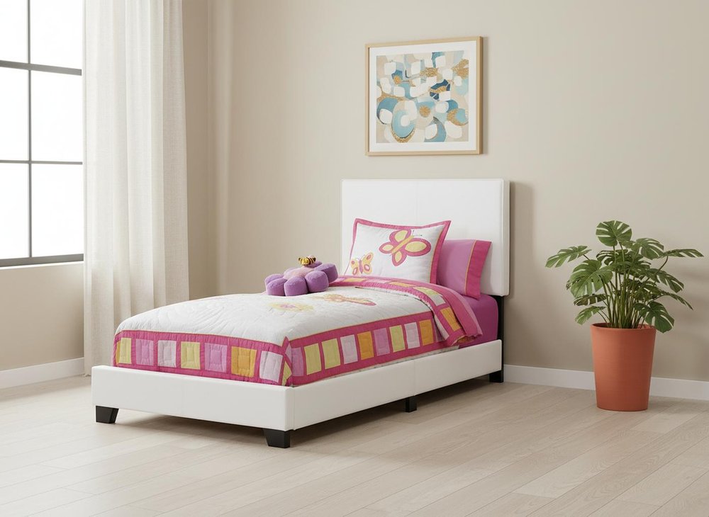White Solid Wood Twin Upholstered Faux Leather Bed Frame  Warm Home View