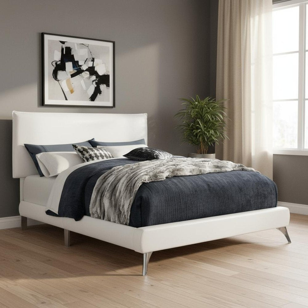 White Solid Wood Queen Upholstered Linen Bed Frame  Warm Home View