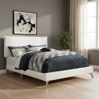 White Solid Wood Queen Upholstered Linen Bed Frame  Warm Home View
