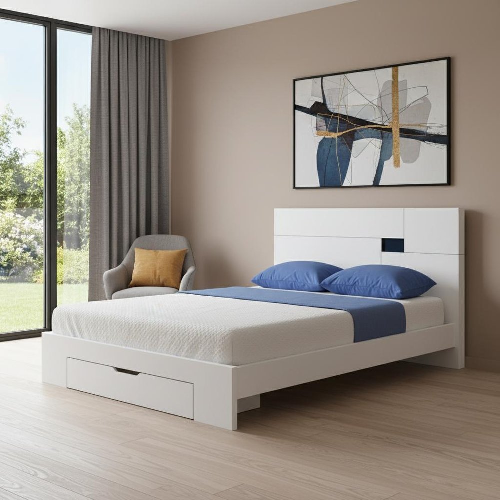 White Wood King Platform Bed Frame With Storage Drawer  Warm Home View
