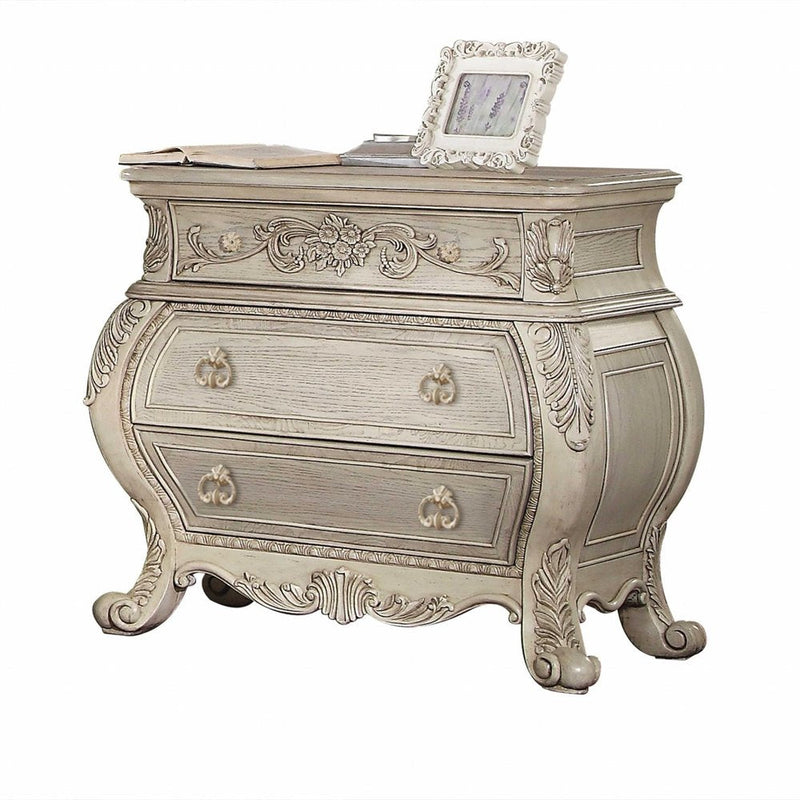 34" Antiqued White Solid Wood Three Drawer Nightstand  Warm Home View