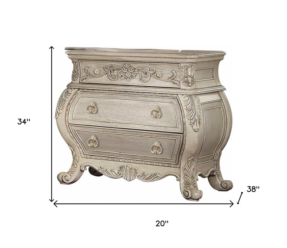 34" Antiqued White Solid Wood Three Drawer Nightstand  Warm Home View