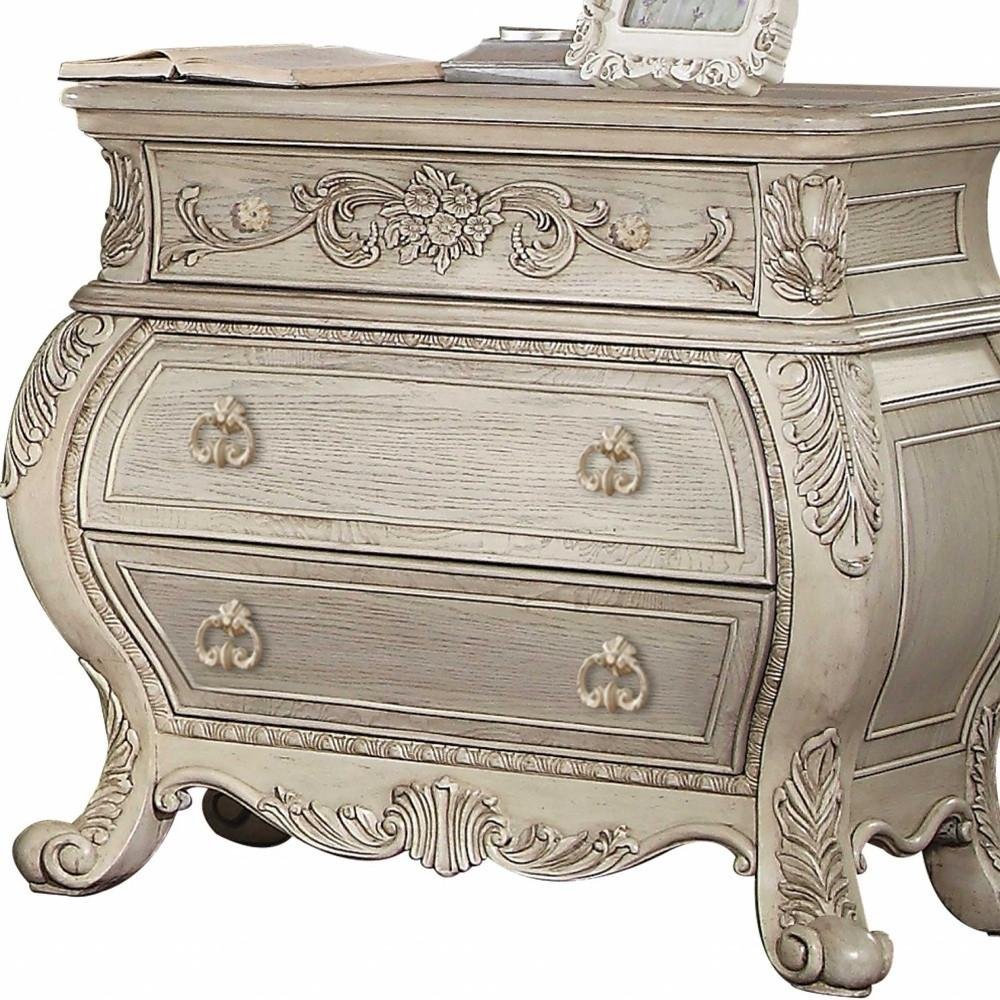 34" Antiqued White Solid Wood Three Drawer Nightstand  Warm Home View