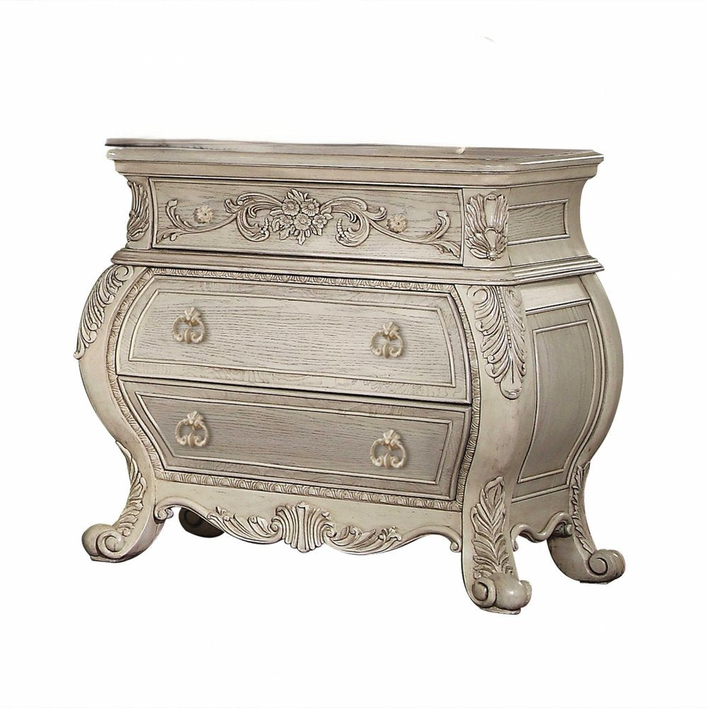 34" Antiqued White Solid Wood Three Drawer Nightstand  Warm Home View