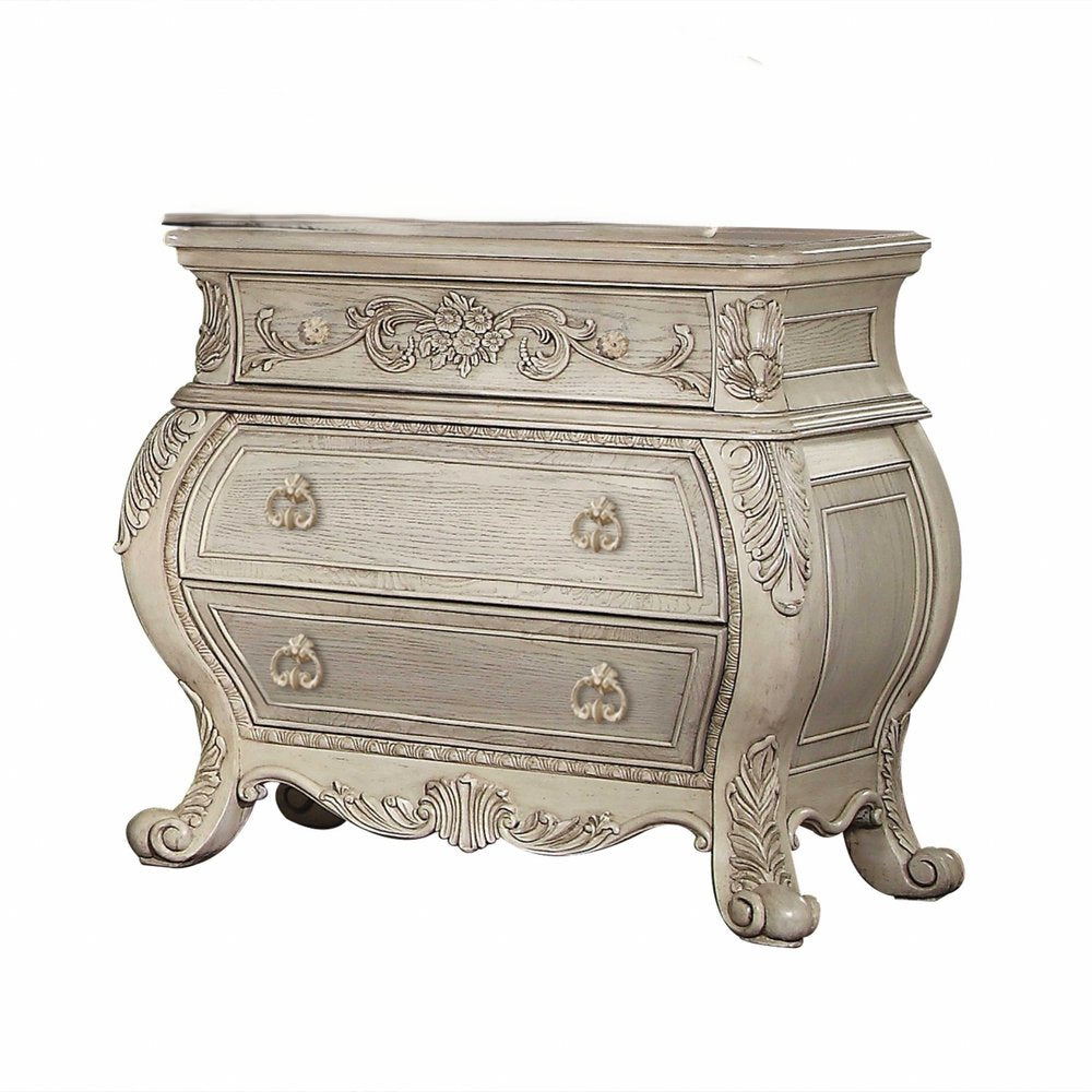 34" Antiqued White Solid Wood Three Drawer Nightstand  Warm Home View
