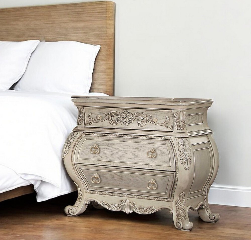 34" Antiqued White Solid Wood Three Drawer Nightstand  Warm Home View