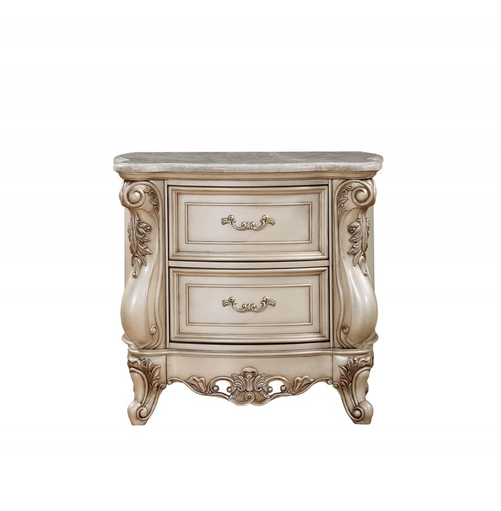 32" Antiqued White Two Drawers Mirrored Nightstand  Warm Home View