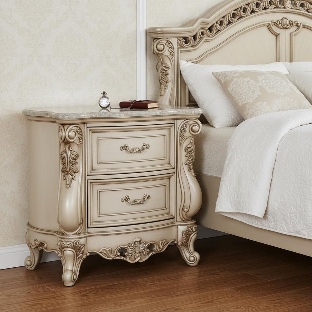 32" Antiqued White Two Drawers Mirrored Nightstand  Warm Home View