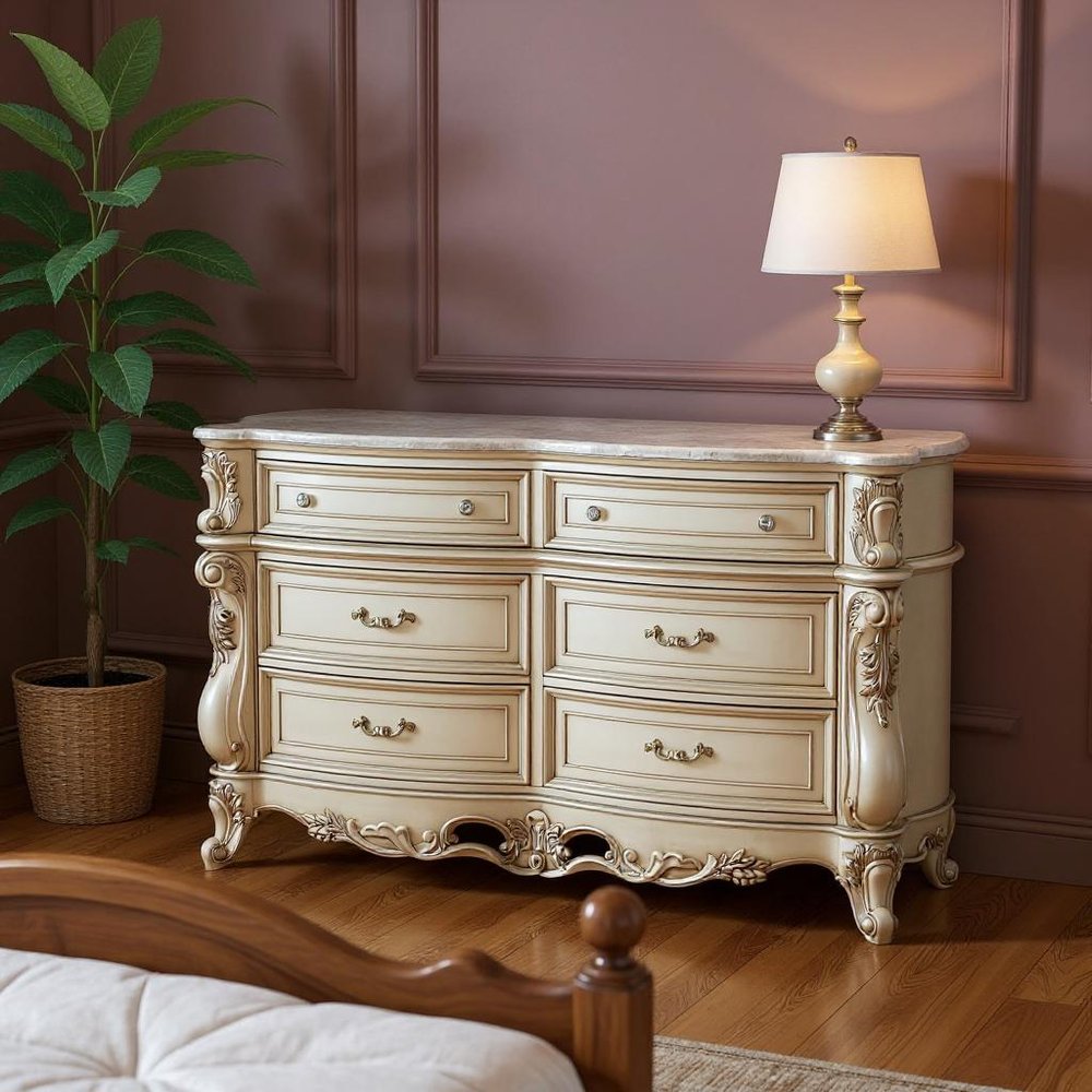 72" Beige Solid Wood Six Drawer Double Dresser  Warm Home View