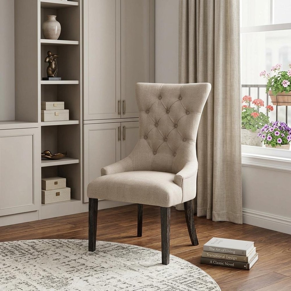 Set of Two 28" Beige and Dark Brown Linen Tufted Parsons Chair  Warm Home View