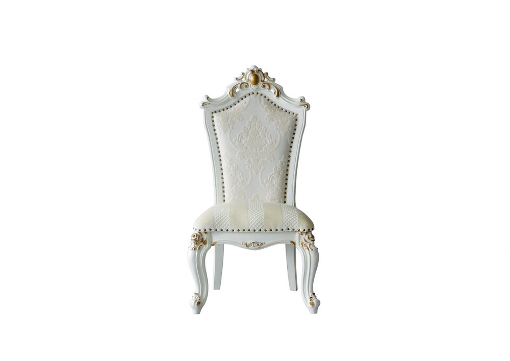 Set of Two 27" Beige and White Faux Leather Damask Side Chair  Warm Home View