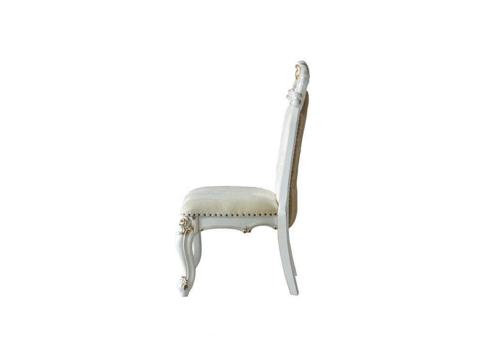 Set of Two 27" Beige and White Faux Leather Damask Side Chair  Warm Home View