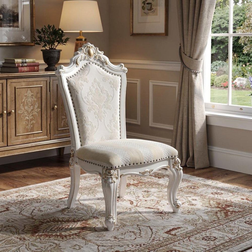 Set of Two 27" Beige and White Faux Leather Damask Side Chair  Warm Home View