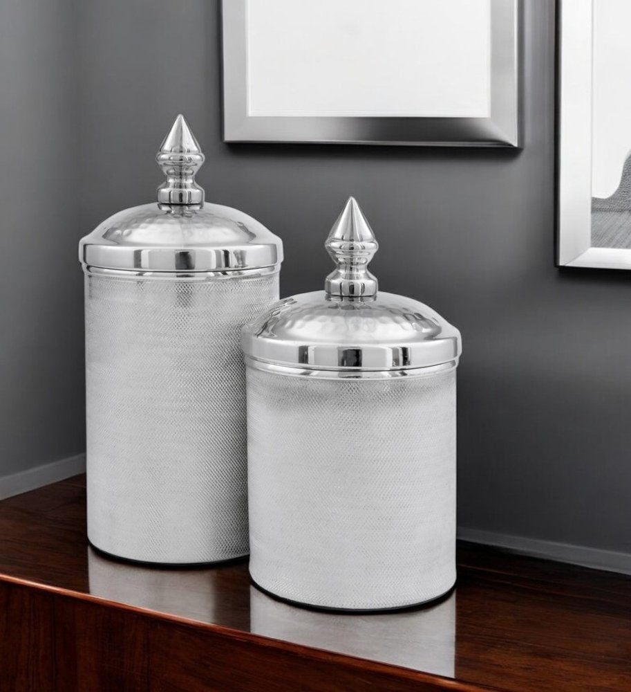 Set of Two Silver Aluminum Tweed Decorative Canisters  Warm Home View