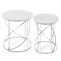 Set of Two White and Silver Marble and Metal Round Pedestal End Tables  Warm Home View
