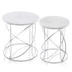 Set of Two White and Silver Marble and Metal Round Pedestal End Tables  Warm Home View