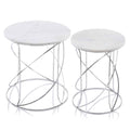 Set of Two White and Silver Marble and Metal Round Pedestal End Tables  Warm Home View