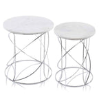 Set of Two White and Silver Marble and Metal Round Pedestal End Tables  Warm Home View
