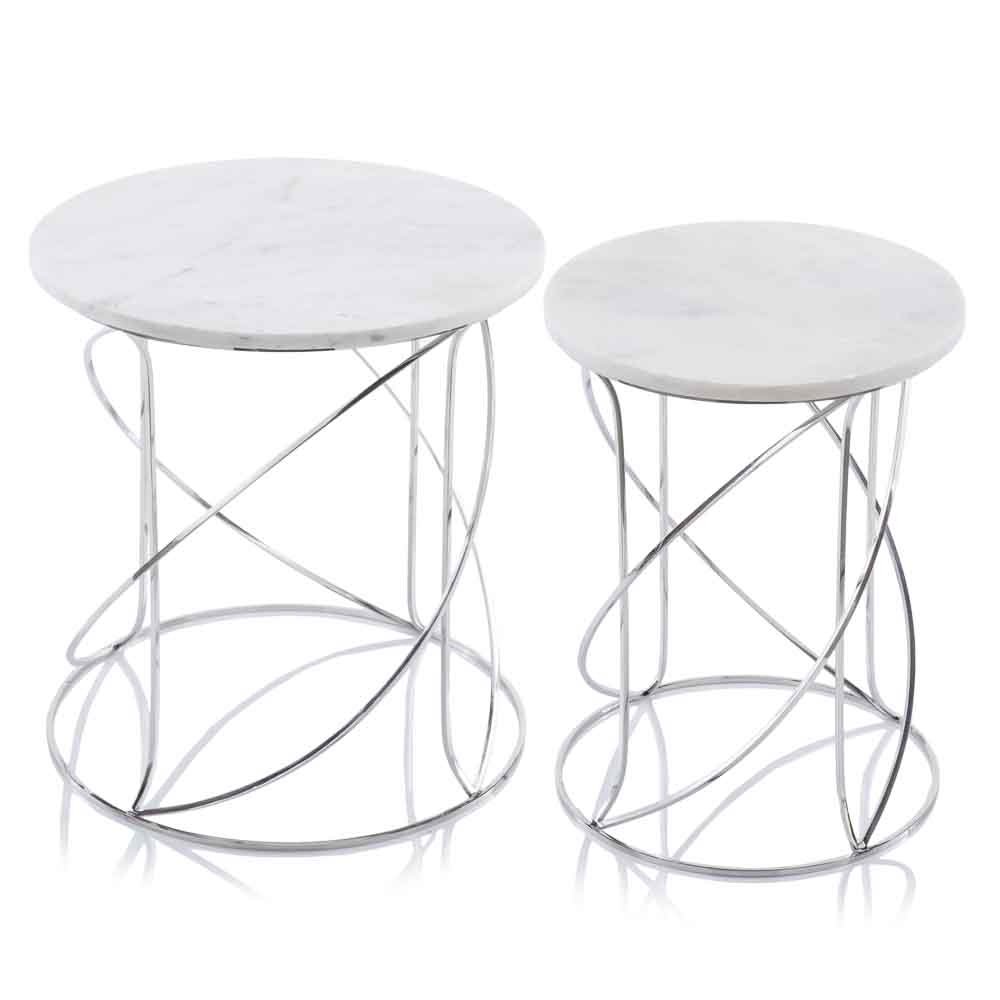 Set of Two White and Silver Marble and Metal Round Pedestal End Tables  Warm Home View