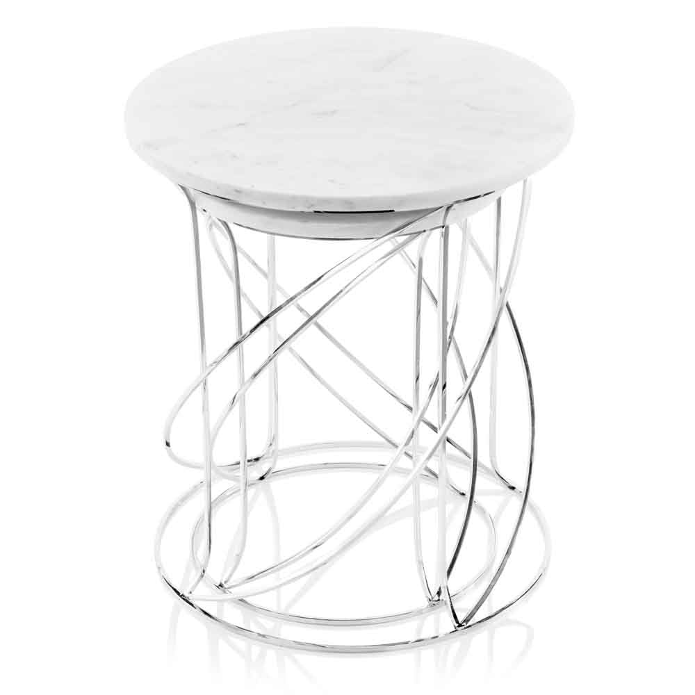 Set of Two White and Silver Marble and Metal Round Pedestal End Tables  Warm Home View