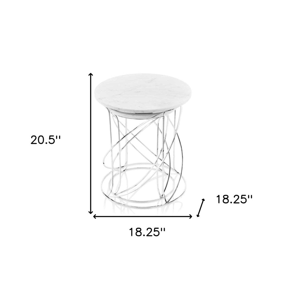 Set of Two White and Silver Marble and Metal Round Pedestal End Tables  Warm Home View