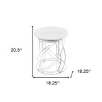 Set of Two White and Silver Marble and Metal Round Pedestal End Tables  Warm Home View