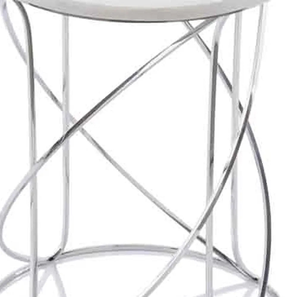 Set of Two White and Silver Marble and Metal Round Pedestal End Tables  Warm Home View