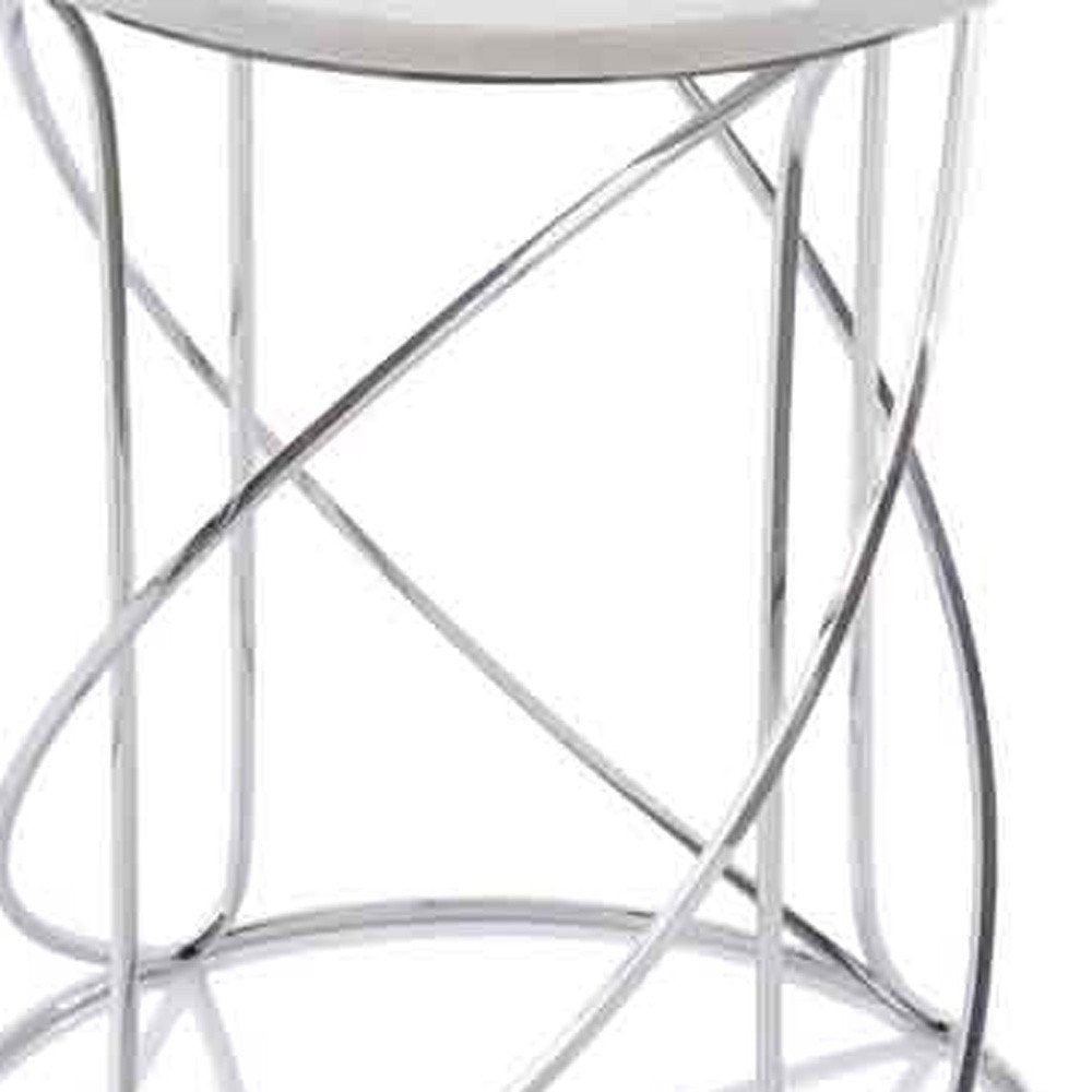 Set of Two White and Silver Marble and Metal Round Pedestal End Tables  Warm Home View