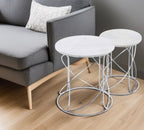 Set of Two White and Silver Marble and Metal Round Pedestal End Tables  Warm Home View