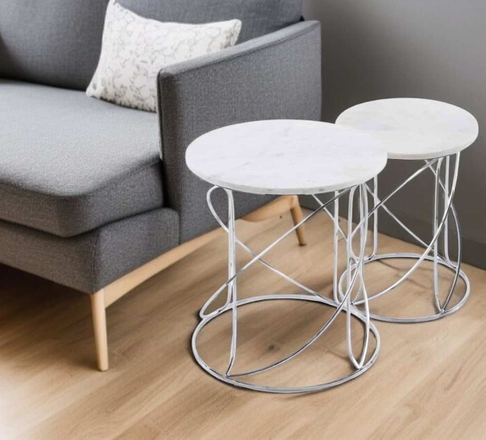 Set of Two White and Silver Marble and Metal Round Pedestal End Tables  Warm Home View