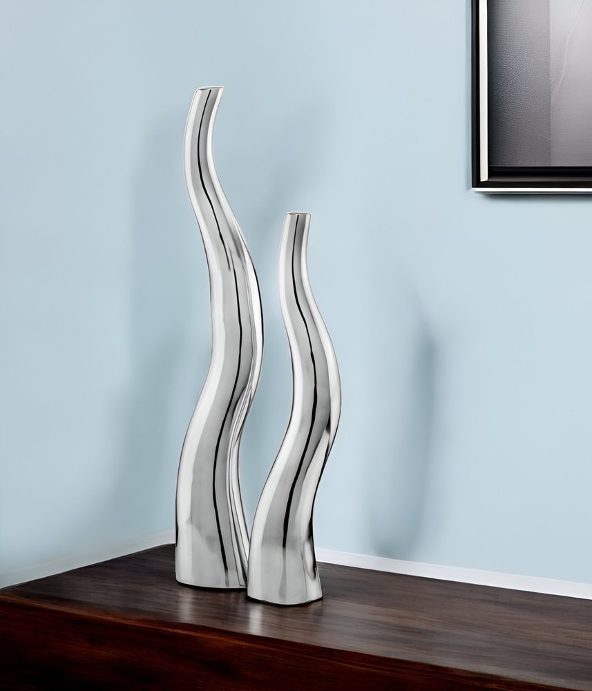 Set of Two Silver Aluminum Squiggly Vases  Warm Home View