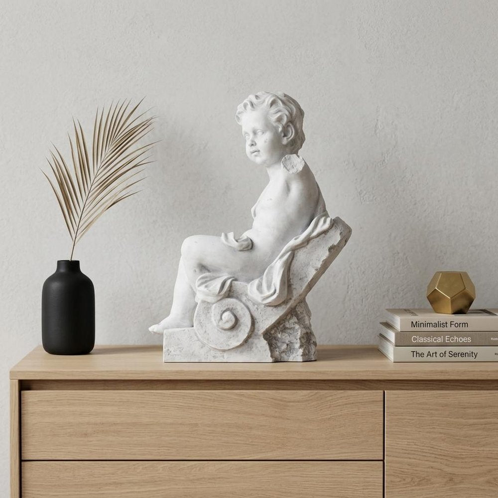 Vintage Look Off White Boy Sitting Statue  Warm Home View