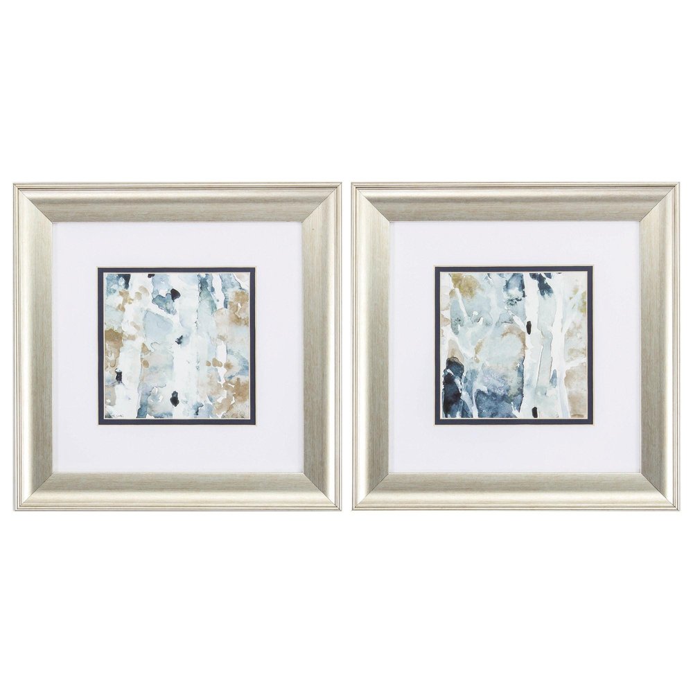 Set of Two Blue Watercolor Brushed Silver Framed Wall Art  Warm Home View